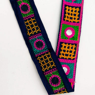 Indian Navy Blue Cotton Fabric Mirror Trim Embroidered in Pink, Yellow, Green and Cyan